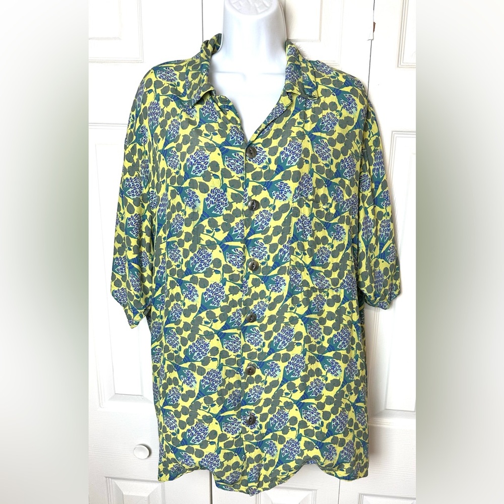 Vtg FLAX Jeanne Engelhart Hawaiian Thinking Tropics Shirt Button Down Green Blue